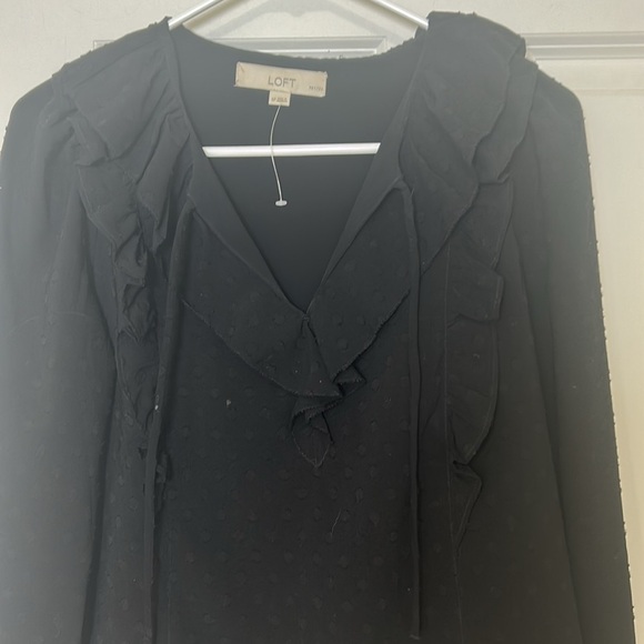 LOFT Solid Black Dot Swiss Long Sleeve Ruffle Detail Top size small petite - Picture 3 of 6